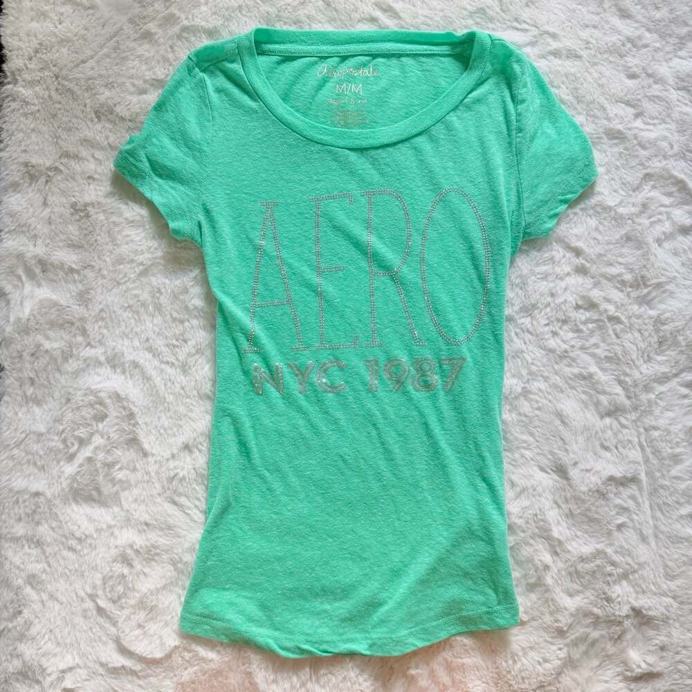 Aeropostale Mint Green Short Sleeve T-Shirt with Aero NYC 1987 Glitter Graphic